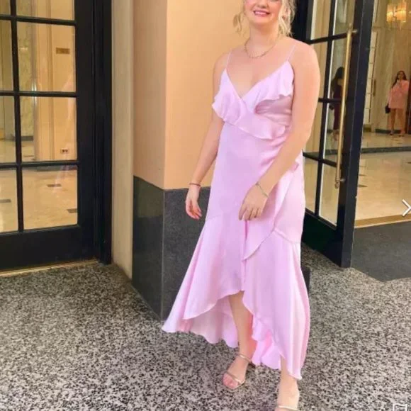 express pink ruffle dress Express Women's Chiffon V-Neck Long Sleeve Tiered Ruffle Mini Dress in Pink Small
